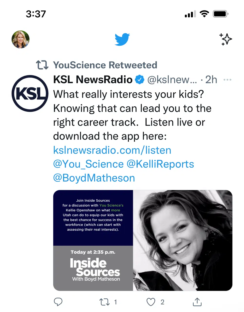 Image of tweet aboutYouScience Utah state director  interviewed on KSL Radio