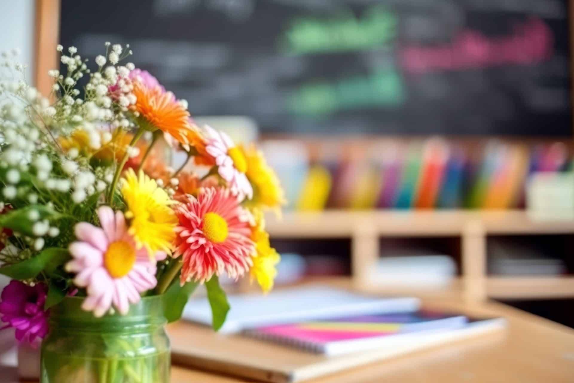 Flowers in a classroom for Teacher Appreciation Week.