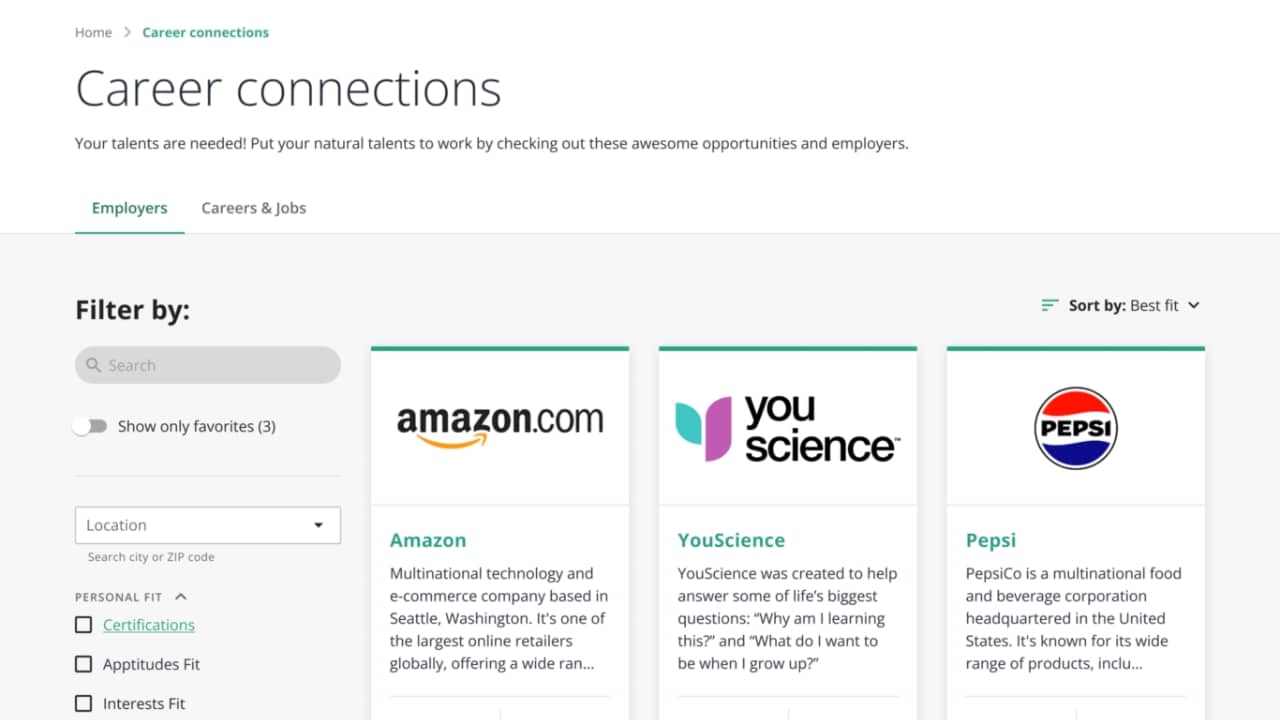 Career Connections dashboard