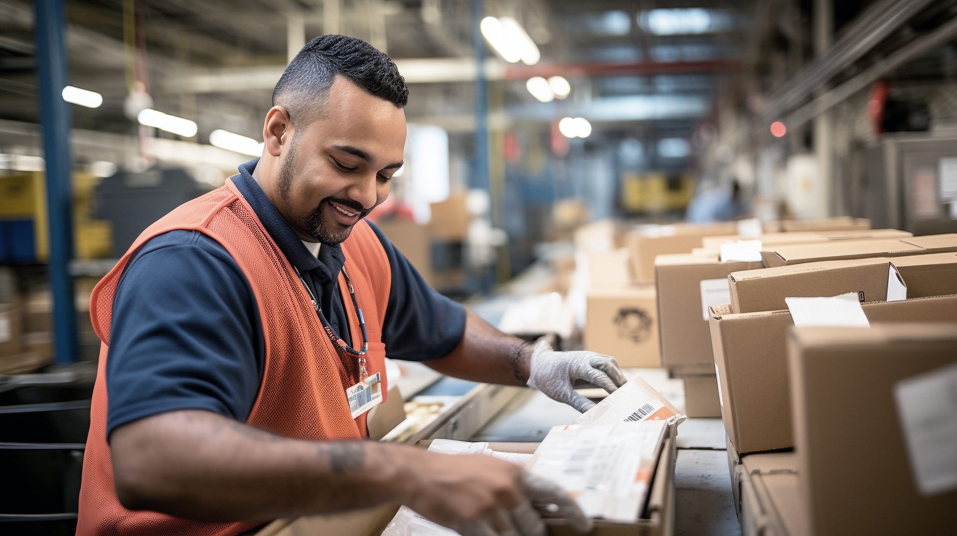A postal worker sorting mail in a busy post office, symbolizing