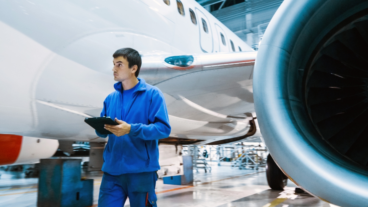 Man walking next to airplane