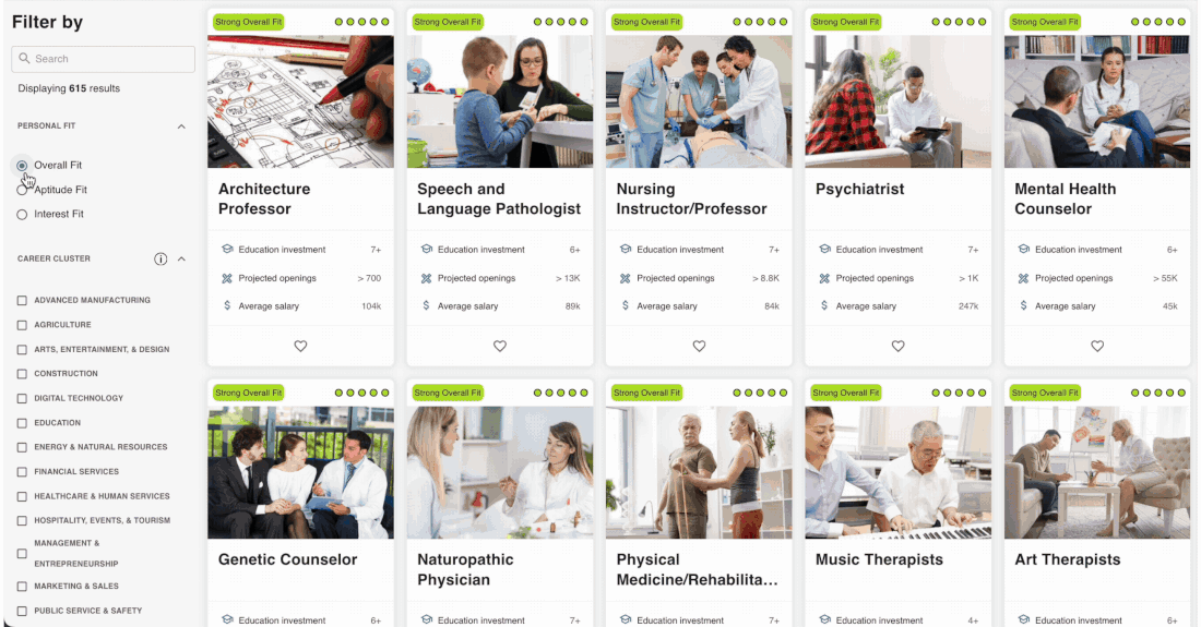 Explore-Careers Interests visual cards